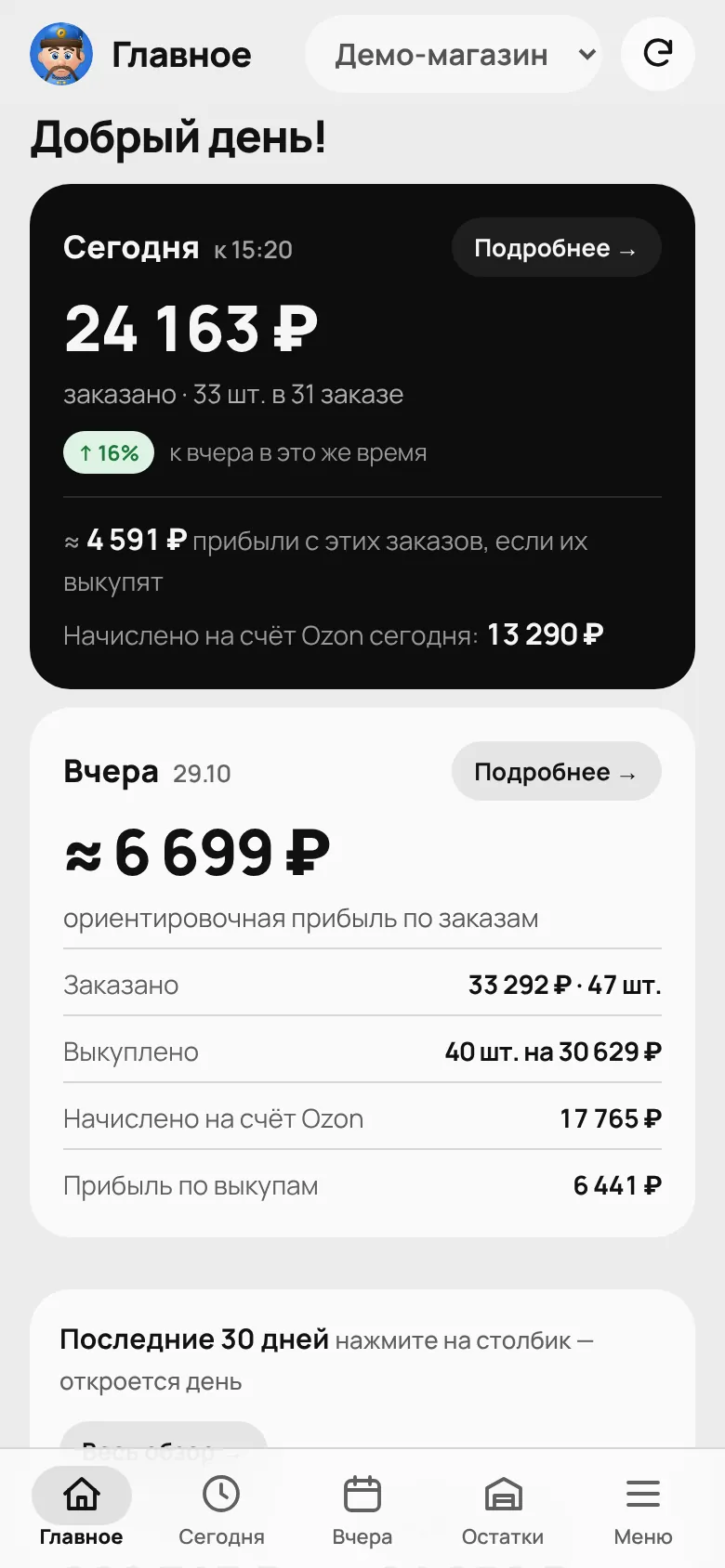 Экран «Главное»: сегодня, вчера и прибыль